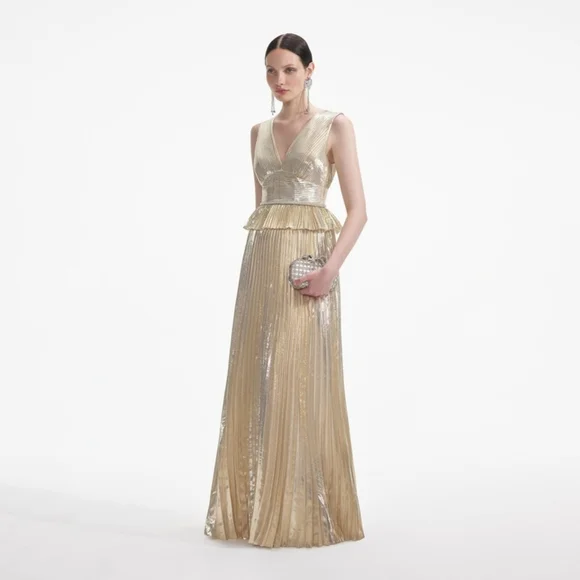 Self-Portrait Gold Metallic V-Neck Maxi Dress - Picture 2 of 10